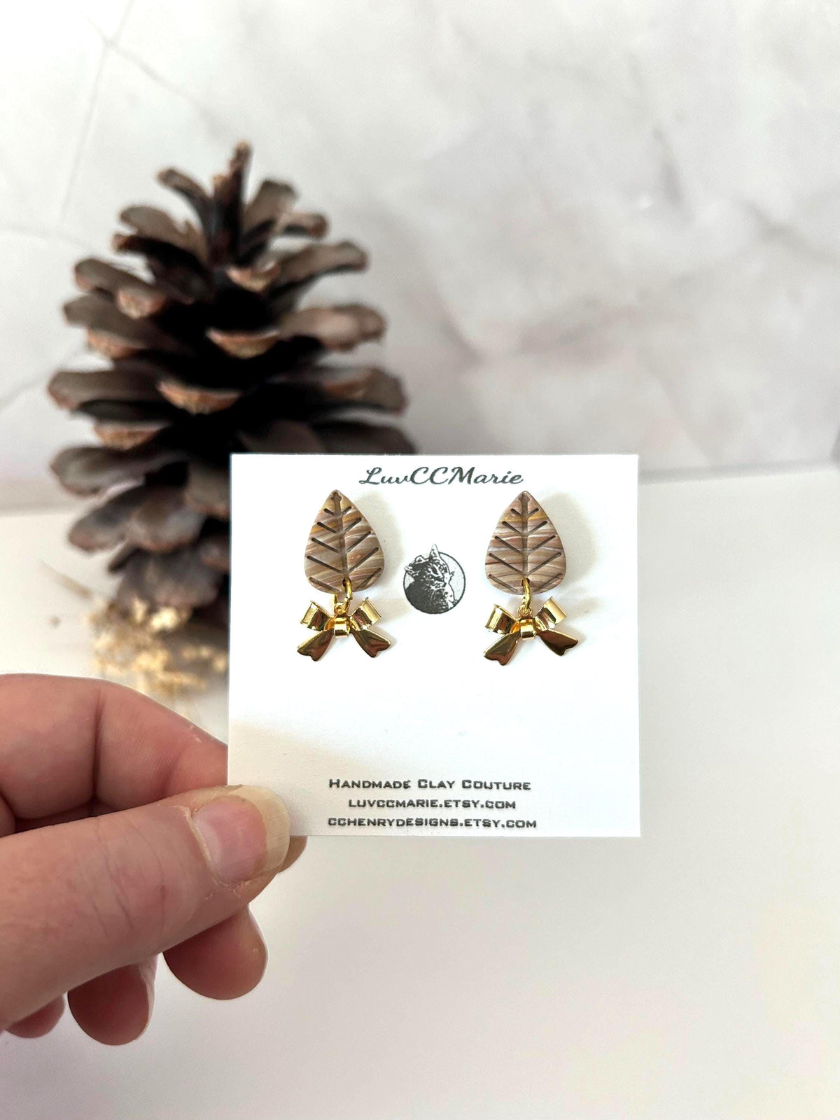 Handmade Leaf Earrings, Neutral Brown Gold Bow Dangles, Boho Lightweight Jewelry