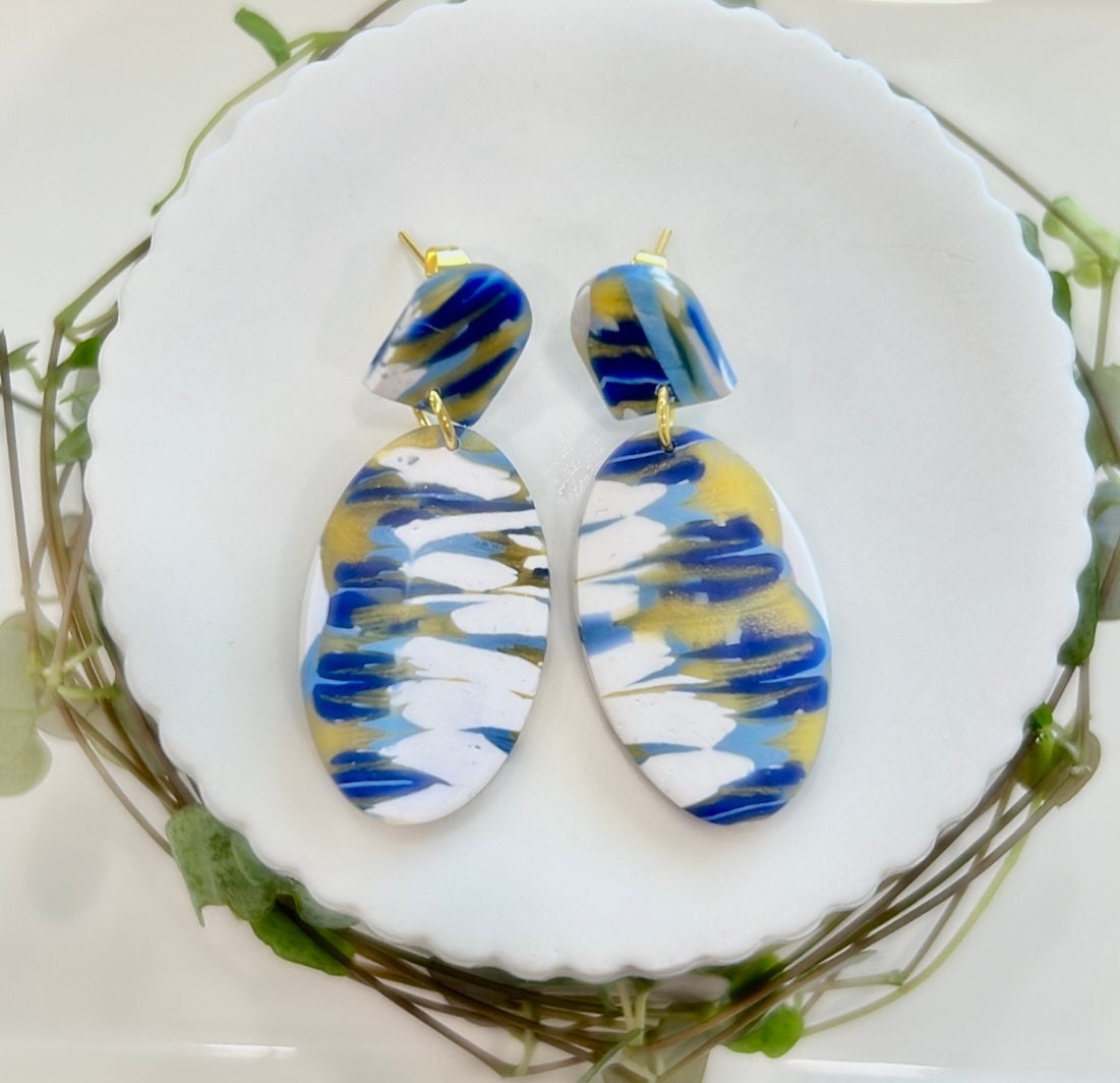 Cobalt Blue Swirl Clay Earrings: Gold Stainless Steel Boho Dangles