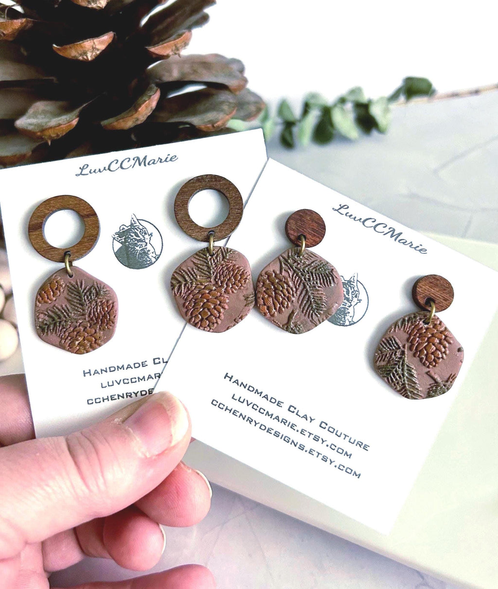Pine Bough Clay and Wood Dangle Earrings, Fall Pinecone Walnut Stud Boho Jewelry
