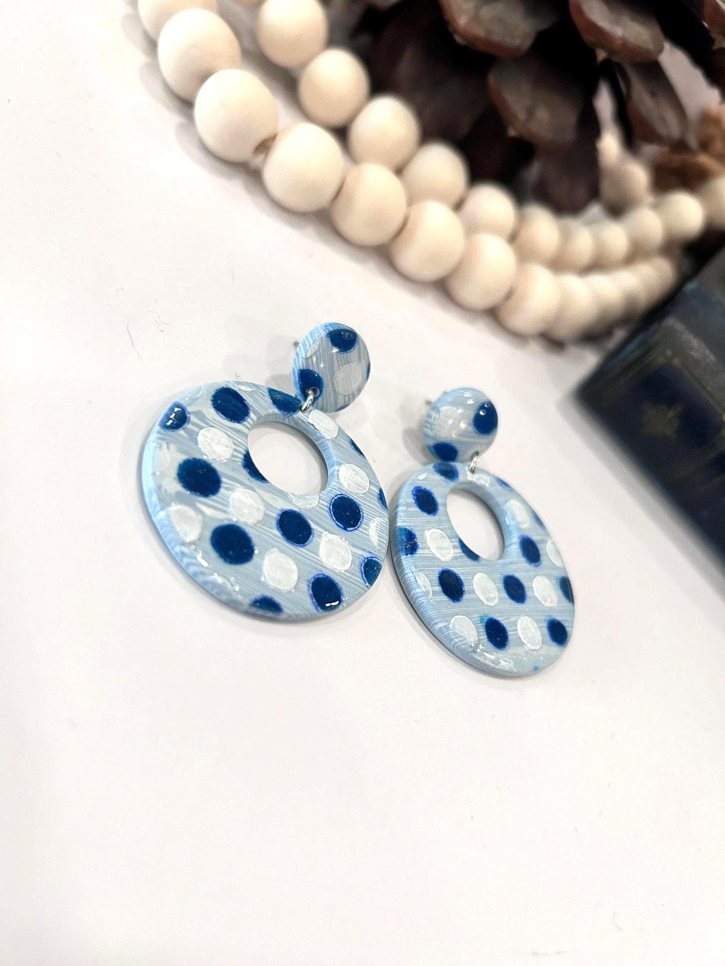 Navy Blue Polka Dot Hoop Dangles, Gingham Earrings, Retro Clay Handmade Fashion Jewelry Gift