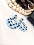 Navy Blue Polka Dot Hoop Dangles, Gingham Earrings, Retro Clay Handmade Fashion Jewelry Gift