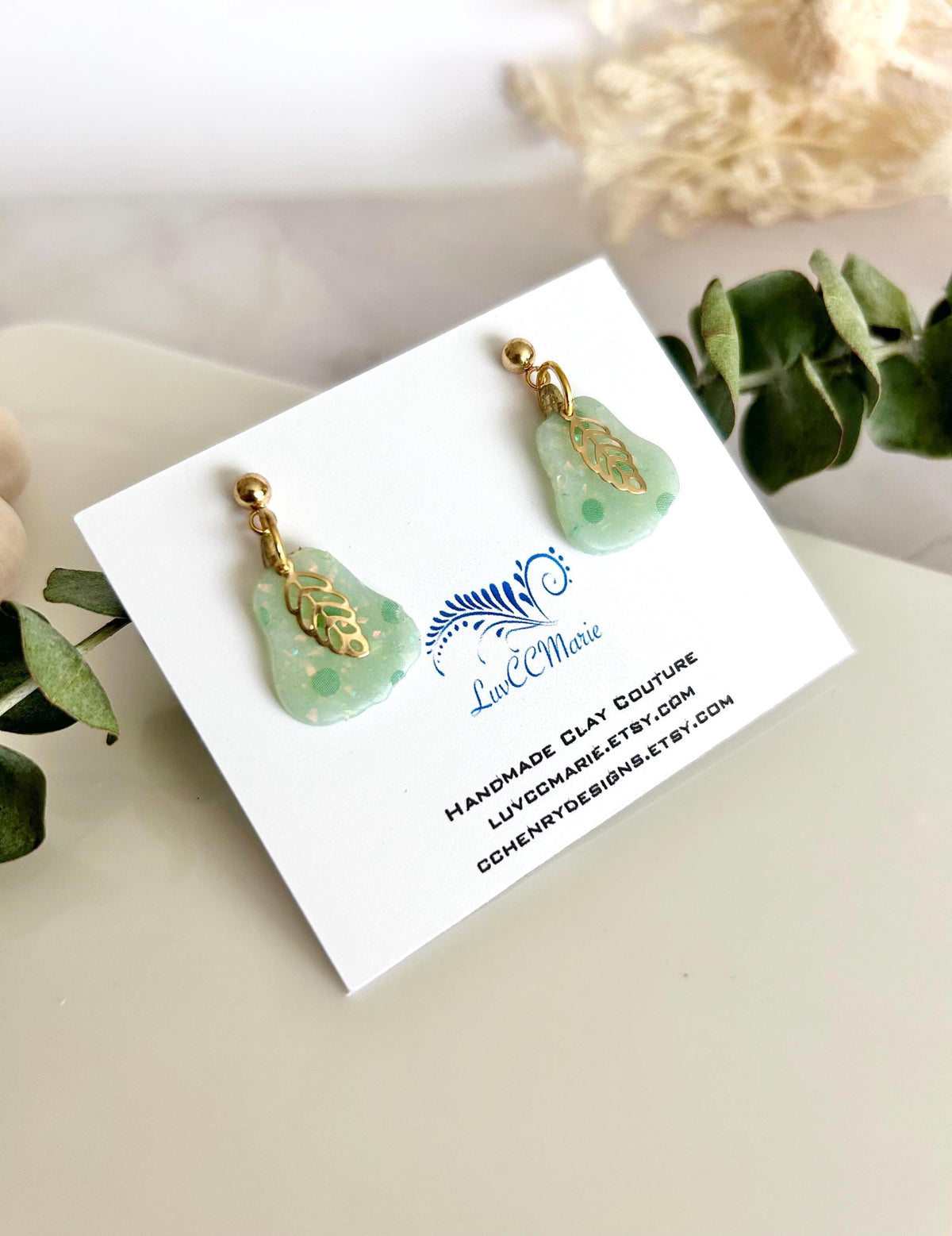 Mint Green Polka Dot Pear Clay Earrings, Pastel Opal Dangles, Handmade Fashion Boho Jewelry