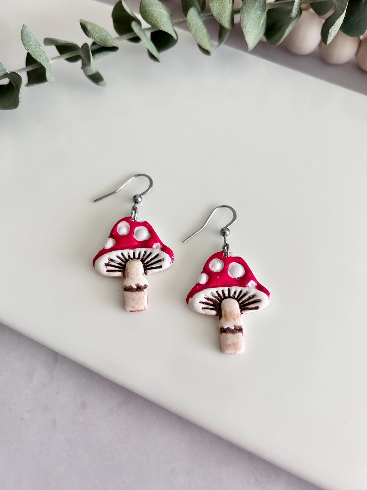 Mushroom Earrings, Polymer Clay Toadstool Polka Dot Whimsical Hand Painted Handmade Jewelry