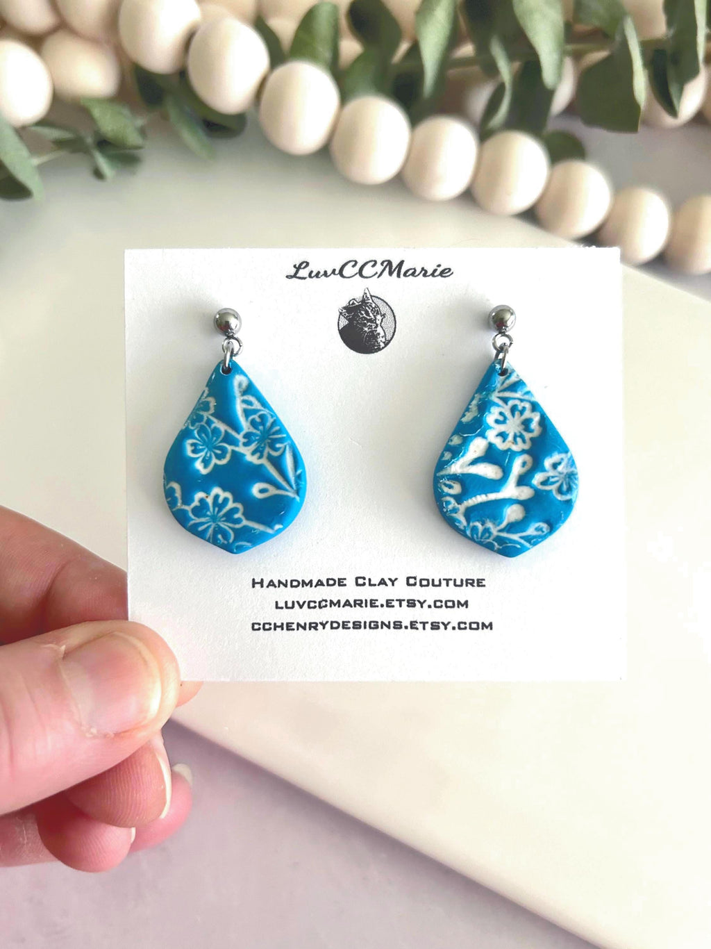 Teal Blue & White Dangle Earrings, Tile Clay Earrings, Boho Floral Dangles, Handmade Lightweight Jewelry