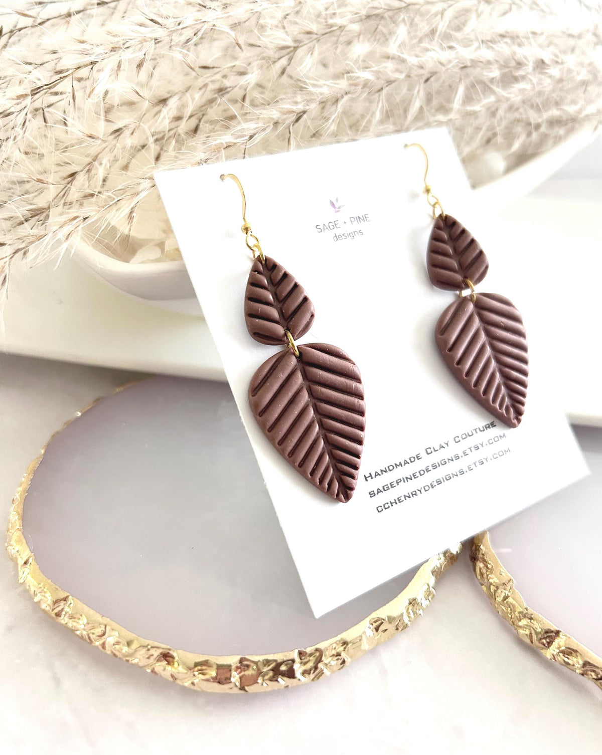 Chocolate Brown Leaf Earrings, Fall Leaves Stud Drop Dangles, Handmade Clay Boho Jewelry