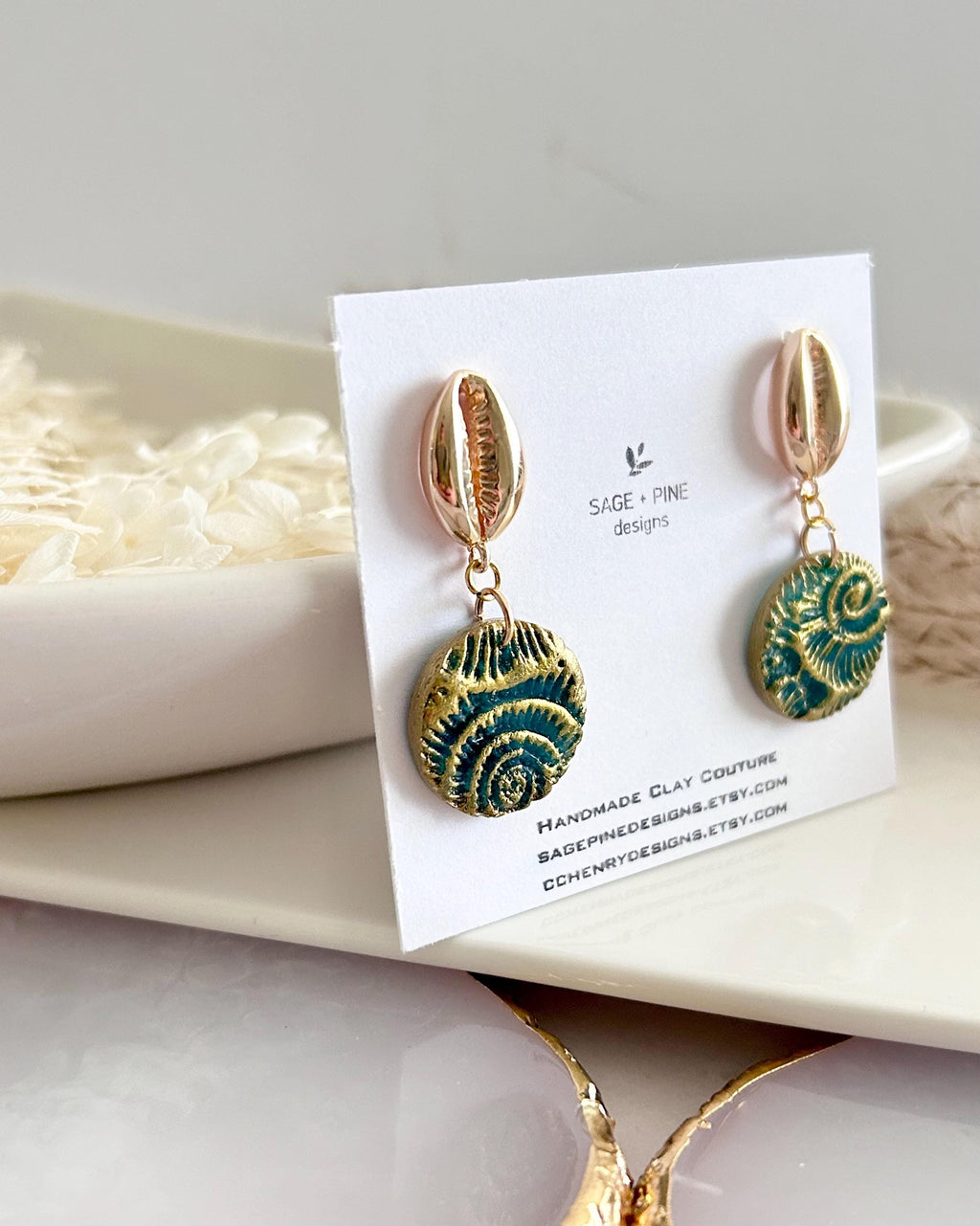 Seashell Cowrie Pearl Earrings, Coastal Vacation Faux Ammonite Drop Dangles, Handmade Clay Jewelry