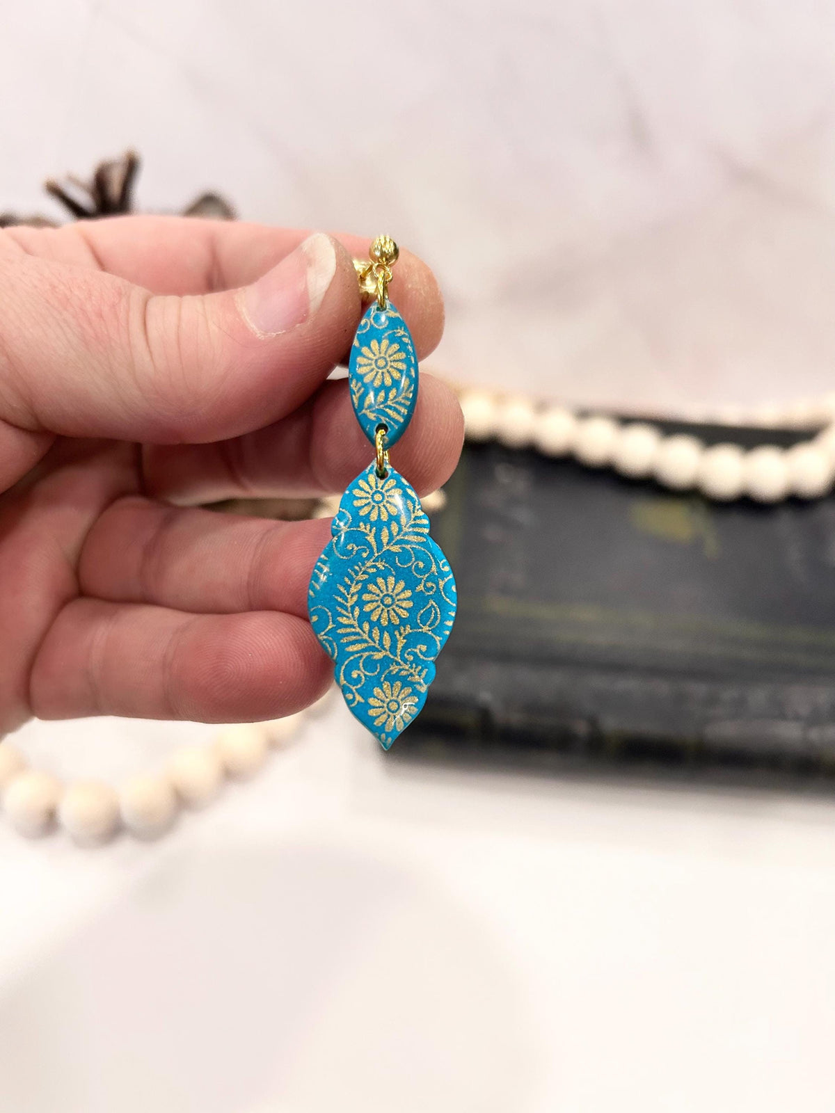 Teal Gold Baroque Earrings, Clay Long Dangles, Handmade Fashion Jewelry Gift