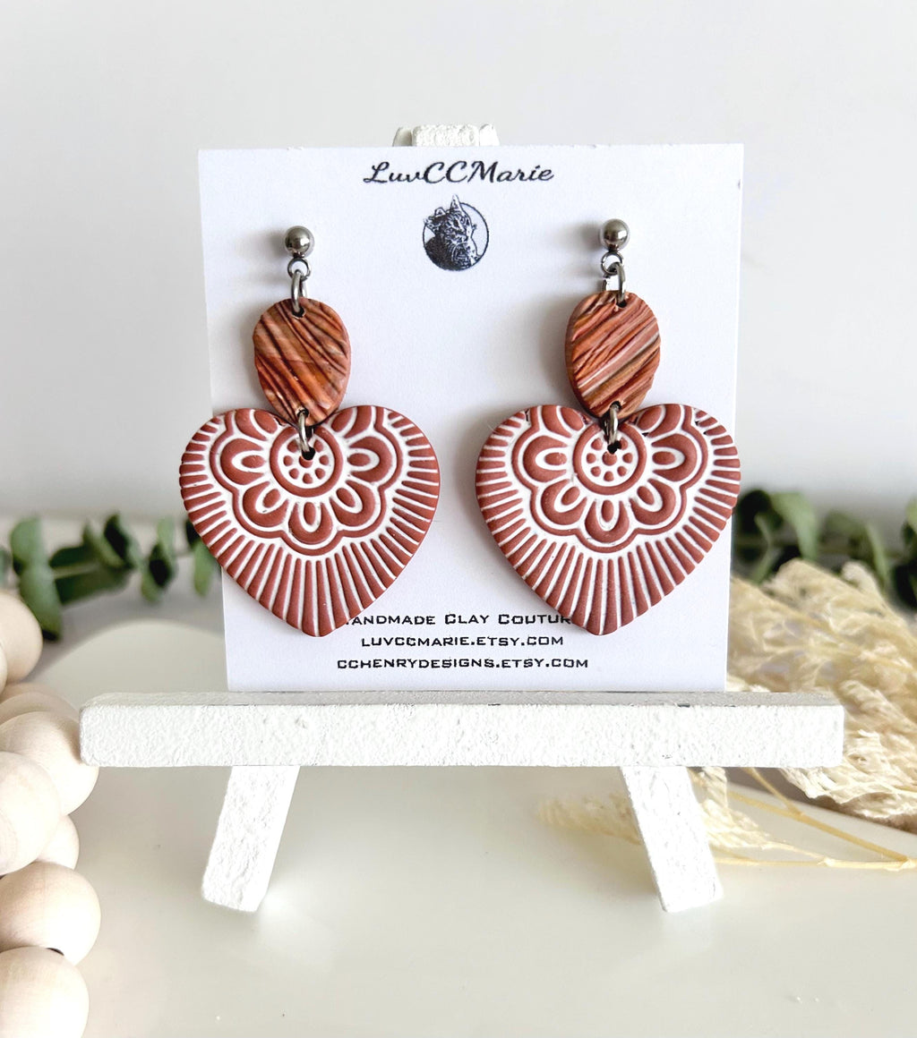 Heart Dangles, Folk Art Clay Earrings, Boho Terracotta Polymer Handmade Jewelry Gifts