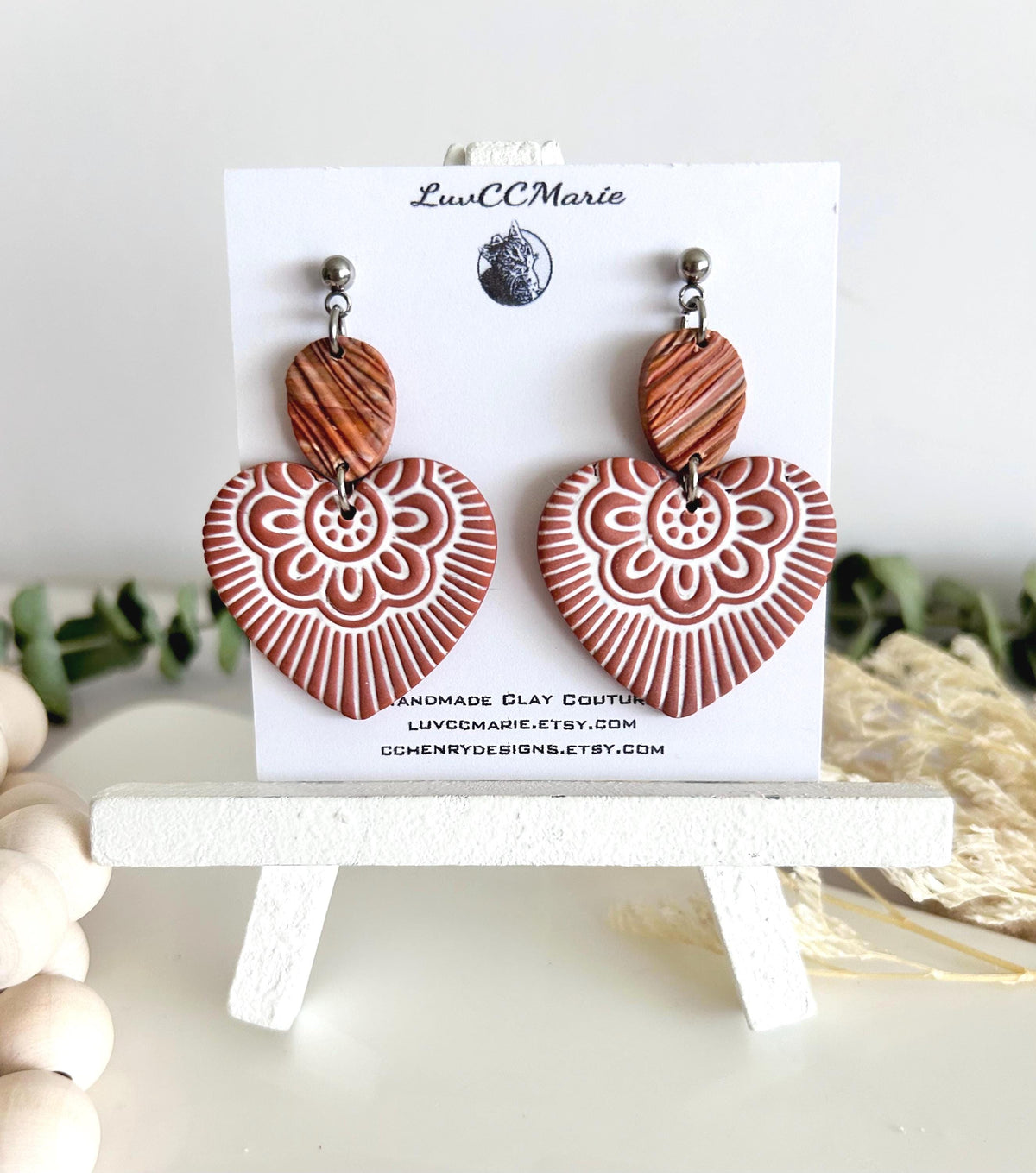 Heart Dangles, Folk Art Clay Earrings, Boho Terracotta Polymer Handmade Jewelry Gifts