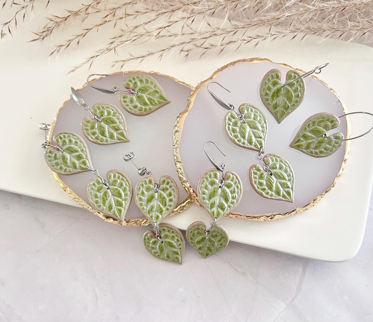 String of Hearts Leaf Earrings, Olive Pink Leaf Dangles, Clay Drop Houseplant Jewelry