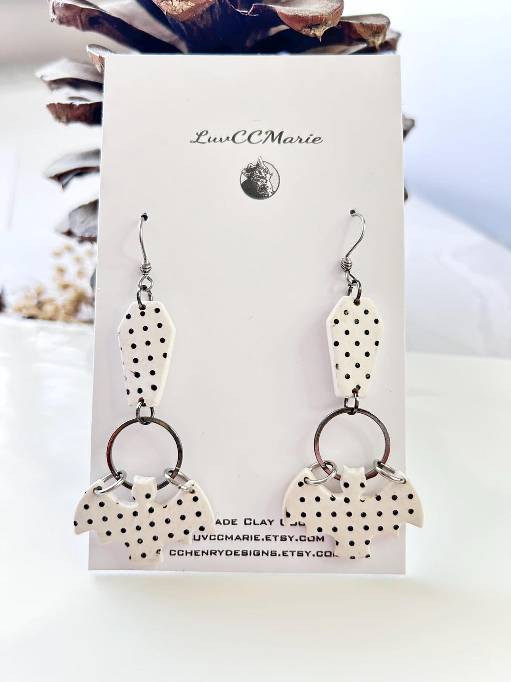Polka Dot Long Earrings, Bat Coffin Dangles, Black and White Emo Jewelry