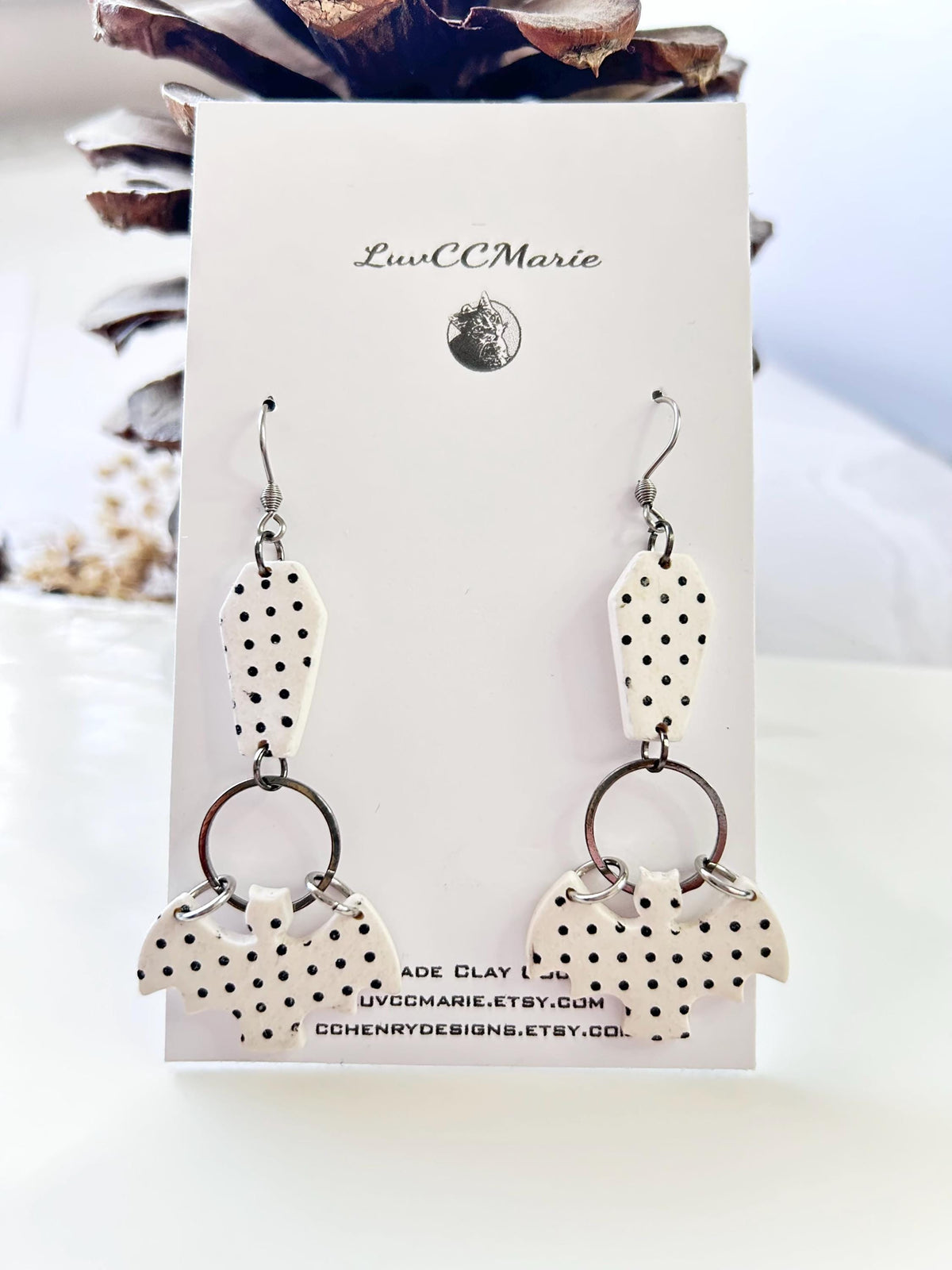 Polka Dot Long Earrings, Bat Coffin Dangles, Black and White Emo Jewelry