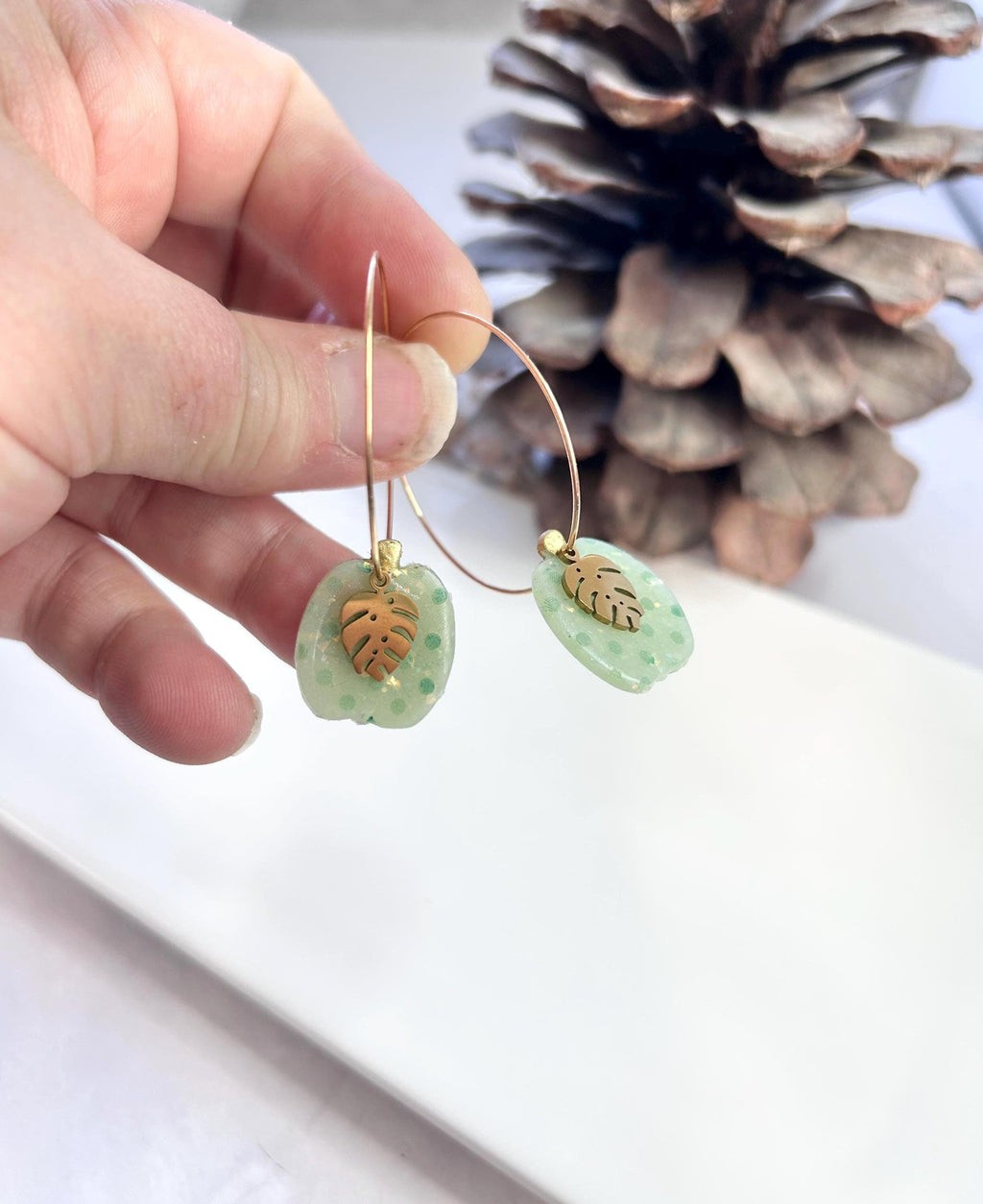 Green Polka Dot Pumpkin Earrings, Gold Leaf Clay Hoop Dangles, Fall Boho Jewelry