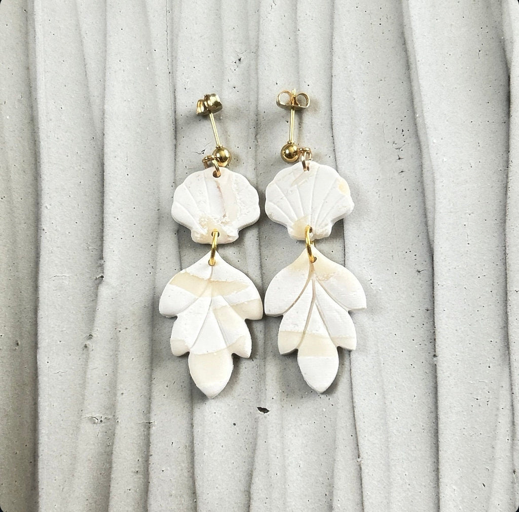 White Cream Beachy Earrings, Coastal Vacation Drop Dangles, Large Leaf Handmade Clay Jewelry Gift