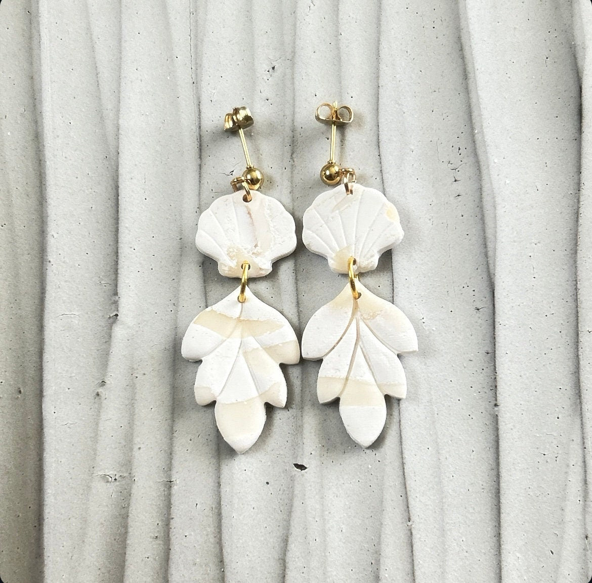 White Cream Beachy Earrings, Coastal Vacation Drop Dangles, Large Leaf Handmade Clay Jewelry Gift