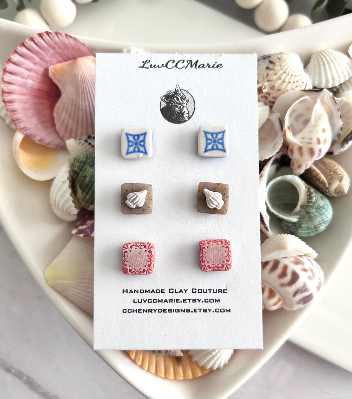 Tile Studs, Santorini Clay Stud Set, Mediterranean Vacation Boho Earrings, Handmade Jewelry, Stocking Stuffers