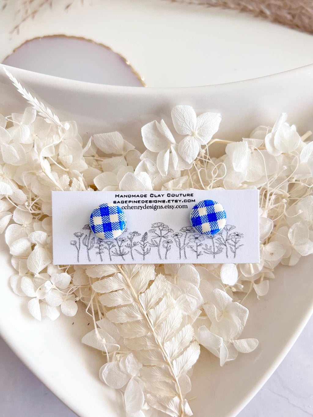 Navy Blue Gingham Check Clay Studs, Summer Vacation Stud Earrings, Handmade Jewelry