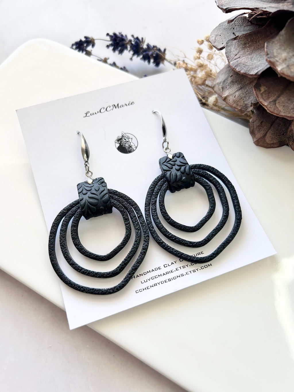 Black Silver Drop Hoops, Large Thin Hoop Dangles, Lightweight Clay Handmade Earrings, Stainless Steel