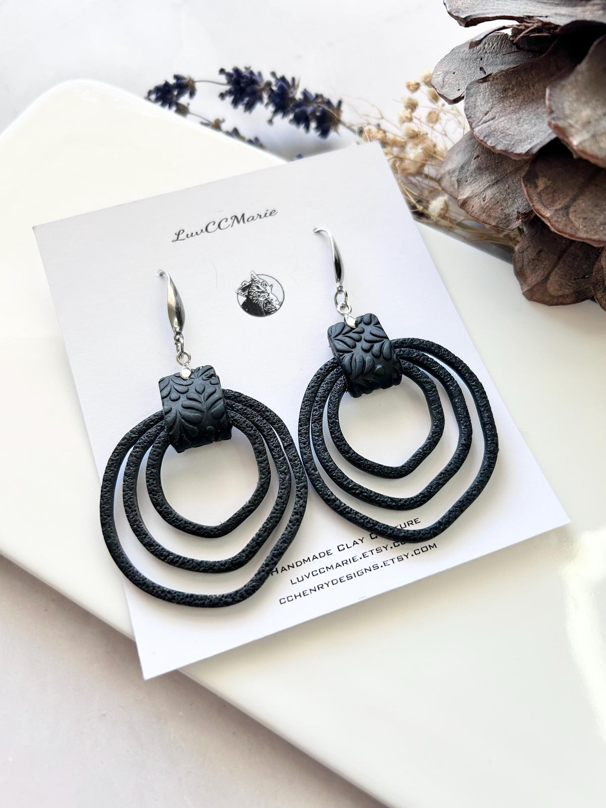 Black Silver Drop Hoops, Large Thin Hoop Dangles, Lightweight Clay Handmade Earrings, Stainless Steel