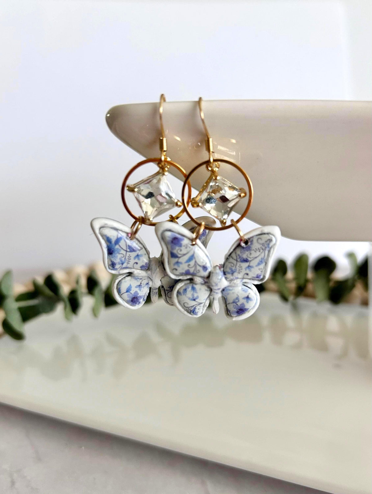 Blue Floral Butterfly Earrings, Chinoiserie Diamond Charm Dangles, Handmade Clay Boho Jewelry