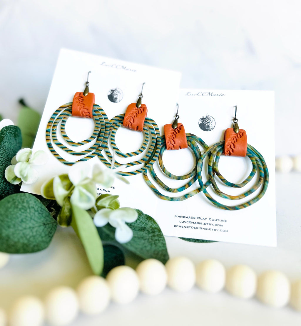 Striped Clay Hoop Dangles, Boho Statement Clay Earrings