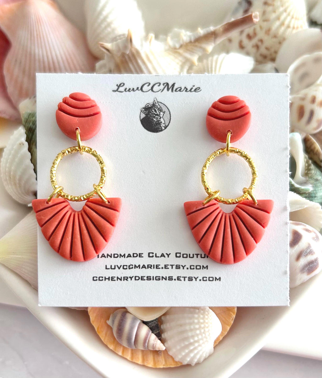 Handmade Coral Clay Dangle Earrings, Gold Hoop, Greek Style Vacation Gift For Women