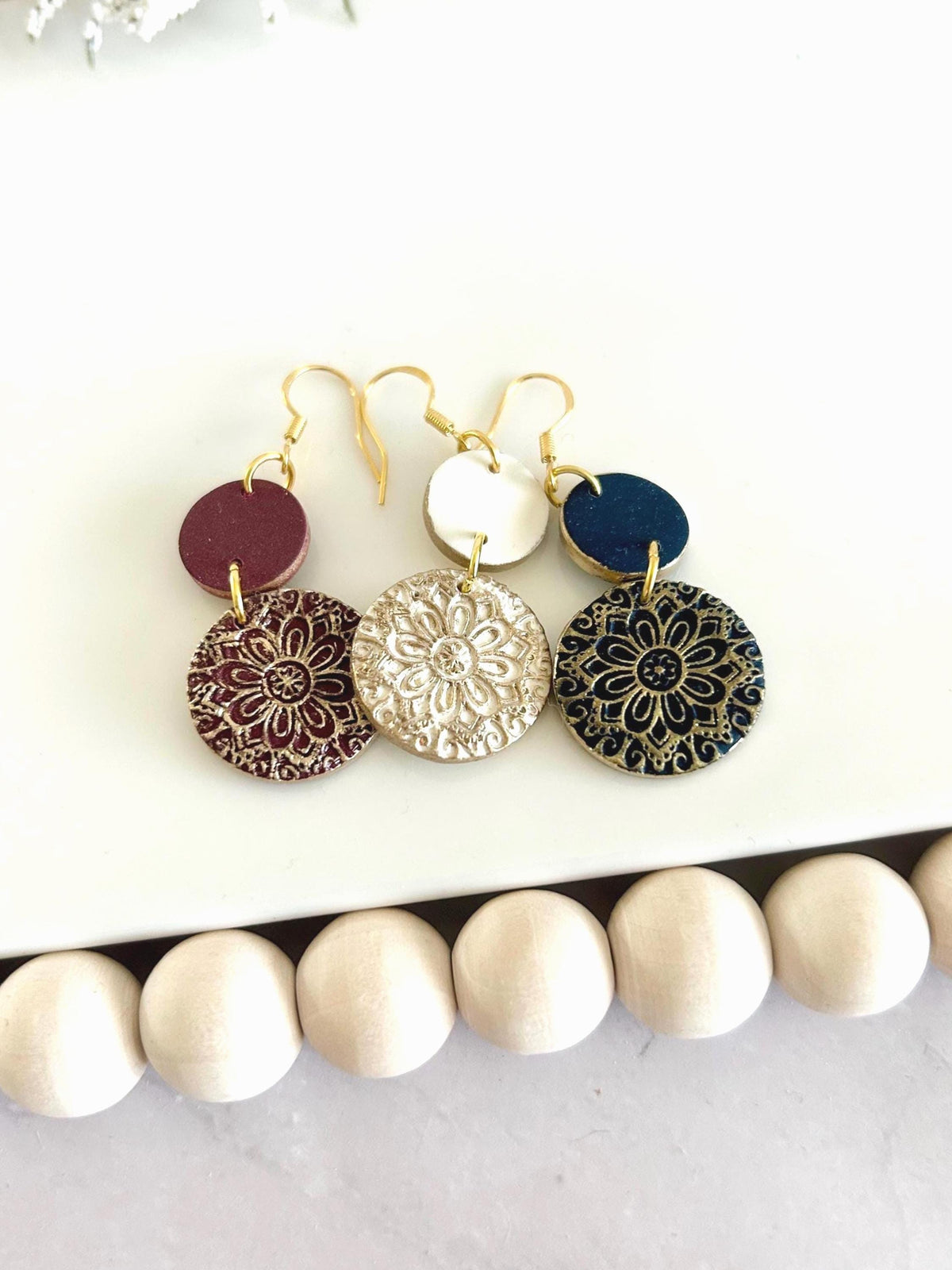 Clay Earrings, Navy Blue, Creamy Off White, Burgundy Dark Red, Gold Floral Mandala Dangles