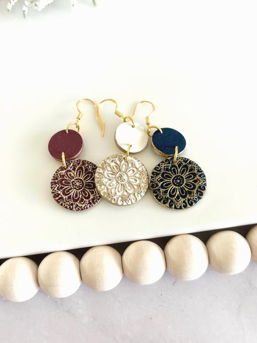 Clay Earrings, Navy Blue, Creamy Off White, Burgundy Dark Red, Gold Floral Mandala Dangles