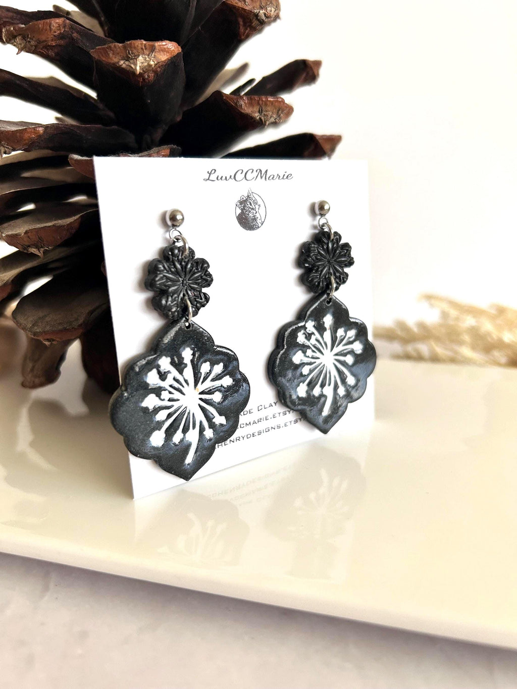 Black Dandelion Statement Earrings, White Floral Clay Dangles, Handmade Jewelry Gift for Her