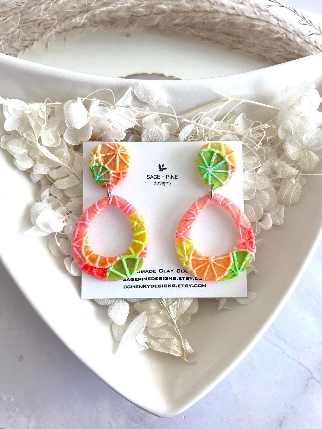 Neon Orange Slice Foodie Earrings, Grapefruit, Lemon, Lime, Unique Handcrafted Dangles, 90s Statement Clay Jewelry