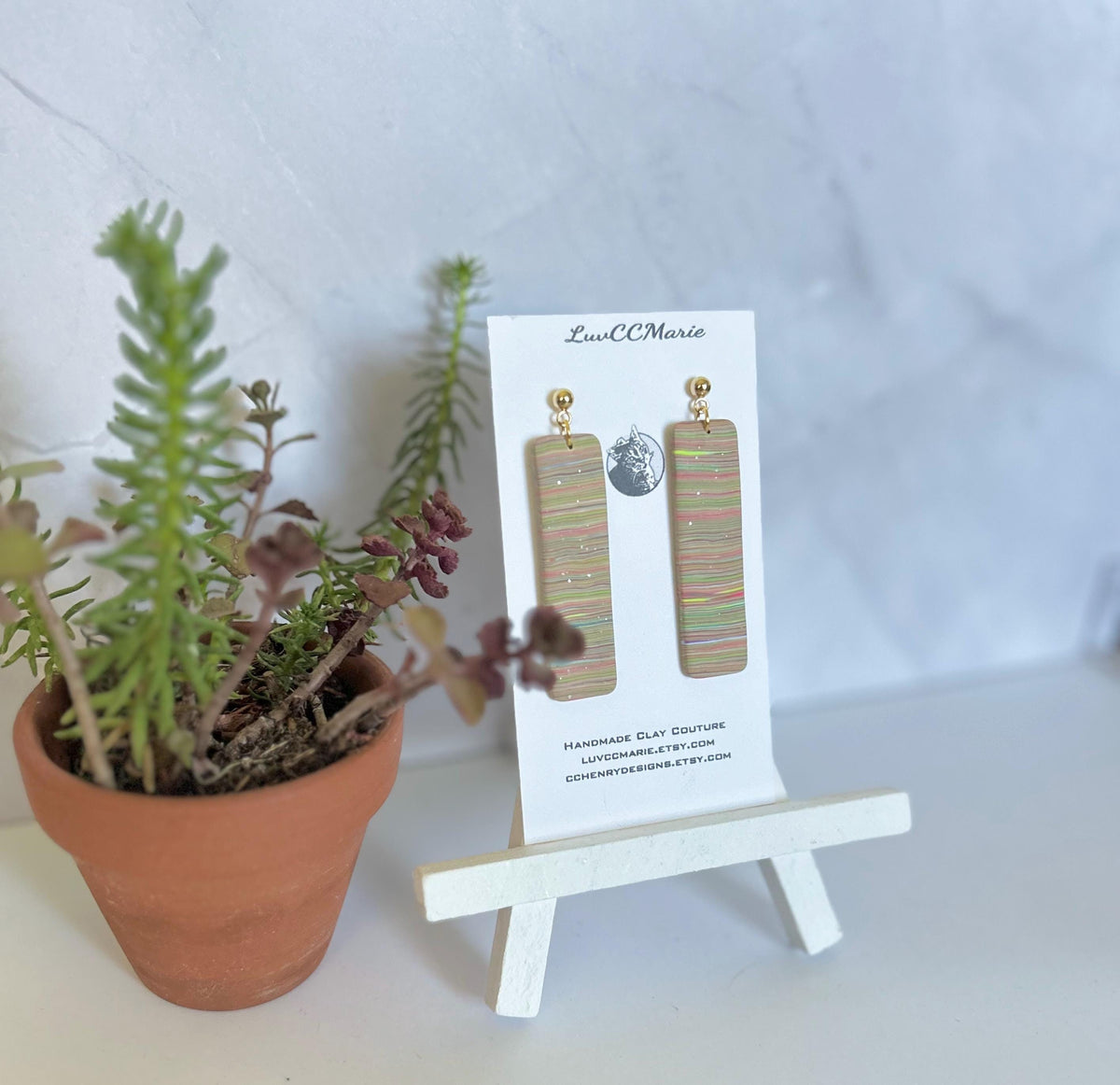 Multicolor Long Dangle Earrings, Rainbow Striped Modern Drop Bar Dangles, Colorful Handmade Clay Everyday Jewelry