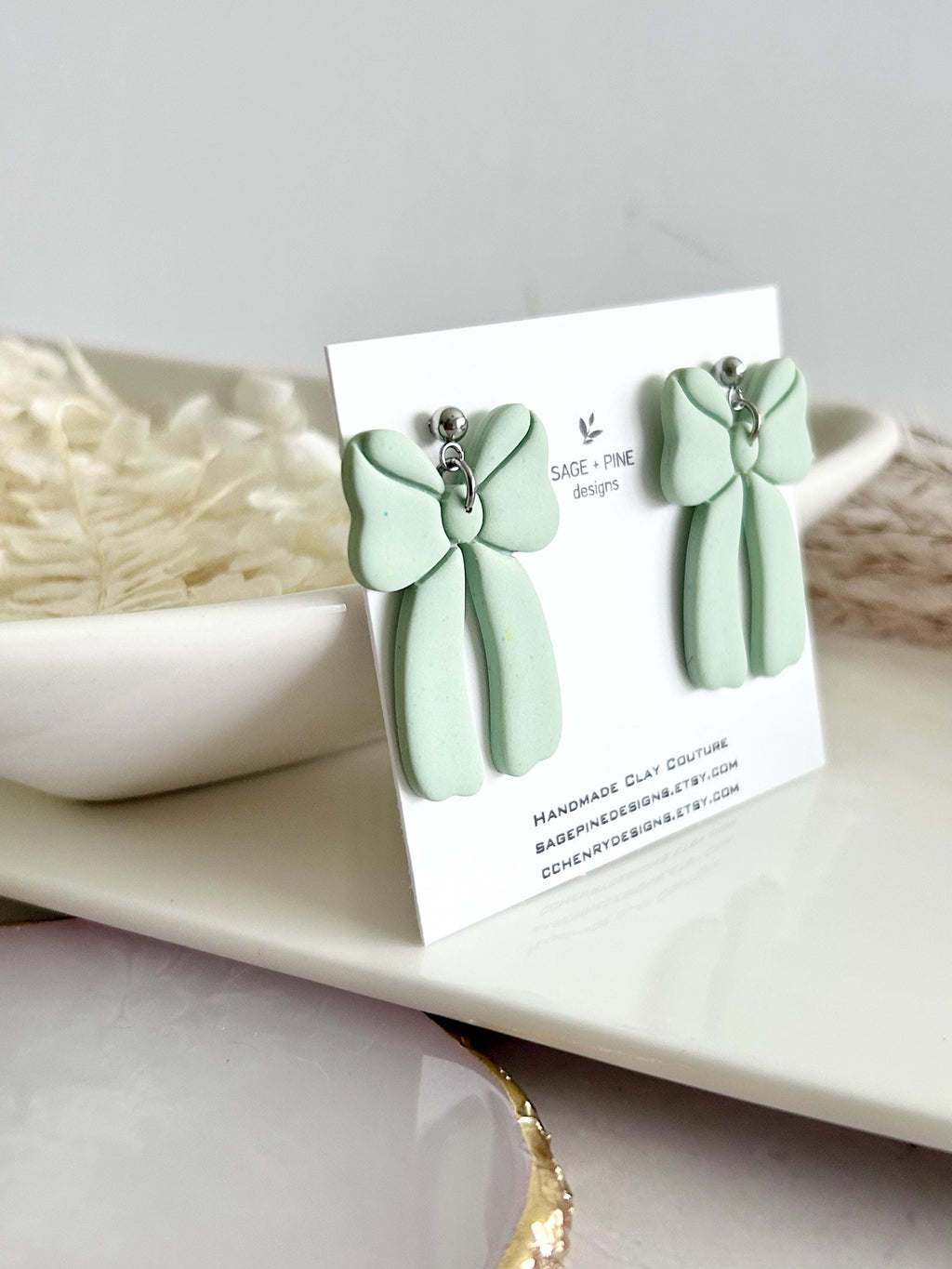 Sage Green Bow Earrings, Fall Statement Hoop Dangles, Boho Clay Handmade Jewelry