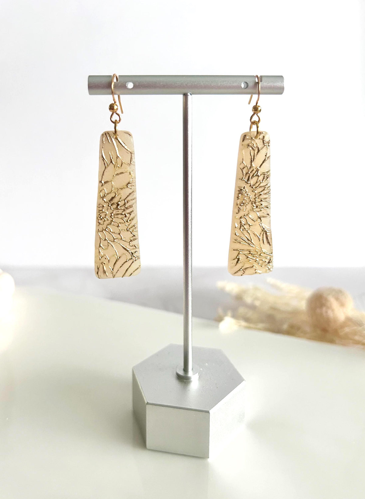 Sunflower Earrings, Bar Dangles, Gold and Cream, Handmade Lightweight Hypoallergenic Jewelry