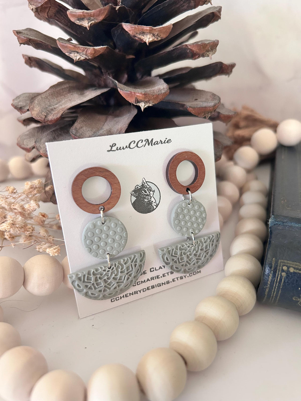 Mandala Polka Dot Clay Earrings, Open Circle Wood Post Stud Dangles, Lightweight Hypoallergenic