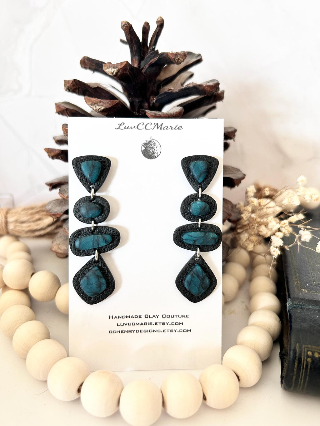 Black Teal Clay Earrings: Handmade Boho Stud Dangles Geometric Long