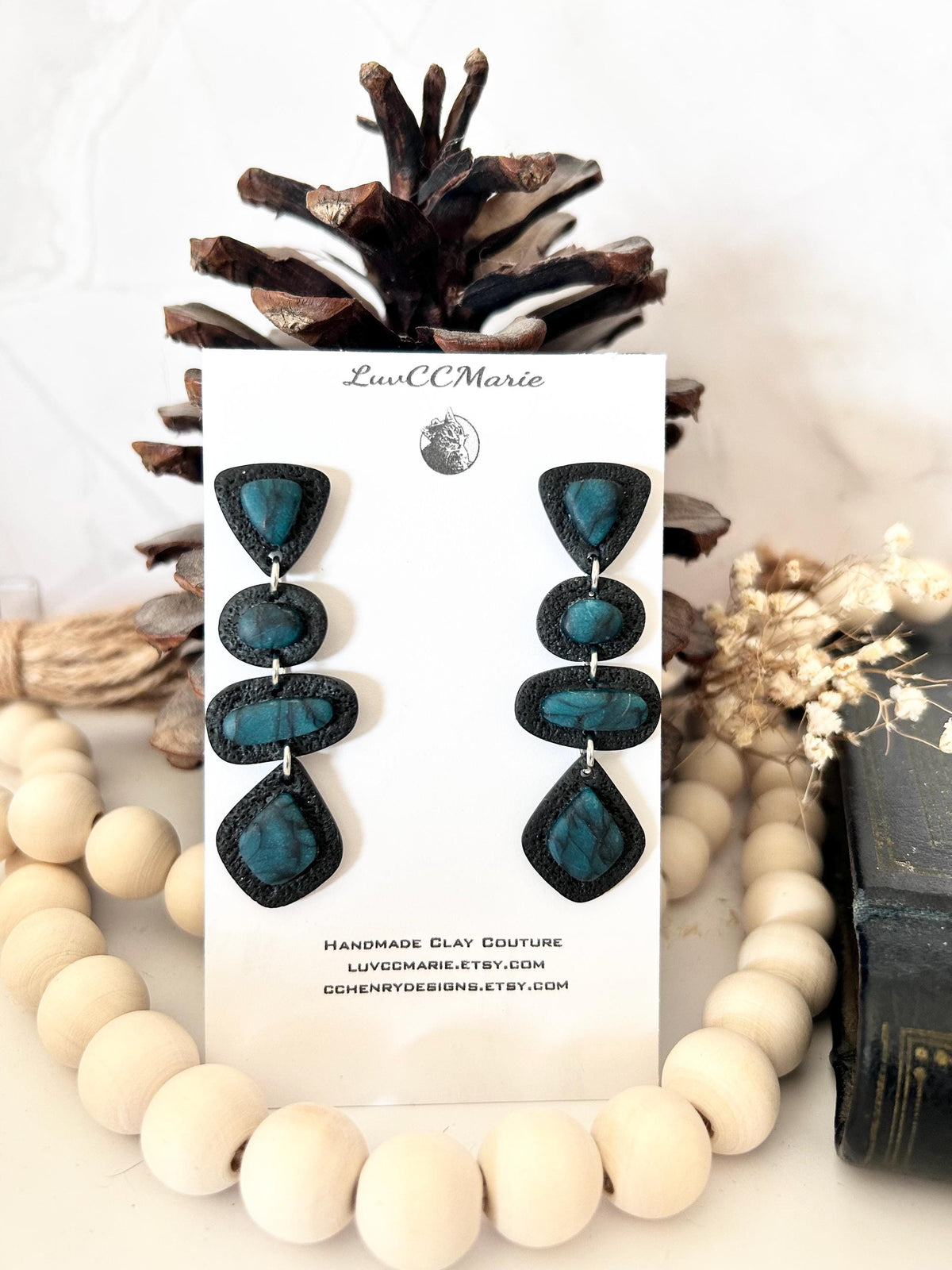 Black Teal Clay Earrings: Handmade Boho Stud Dangles Geometric Long
