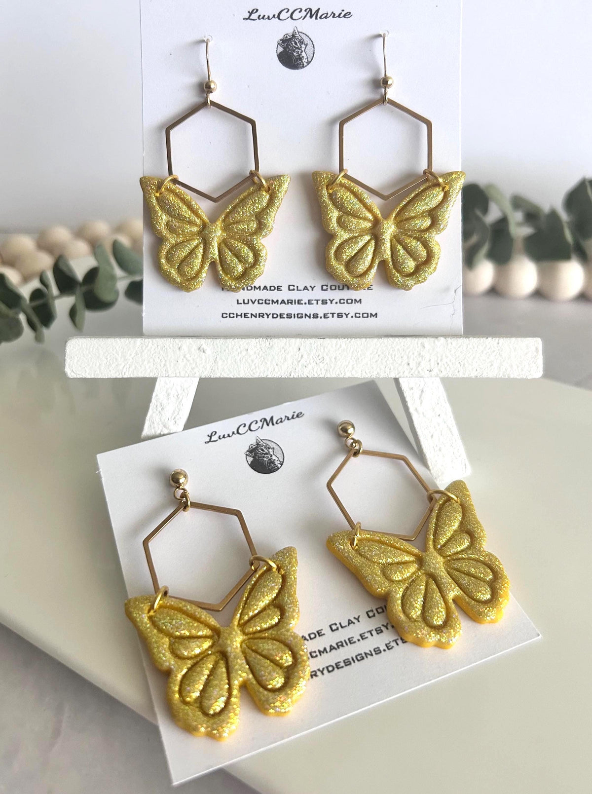 Hoop Butterfly Earrings, Sparkly Holographic Gold Monarch Dangles, Handmade Clay Unique Jewelry