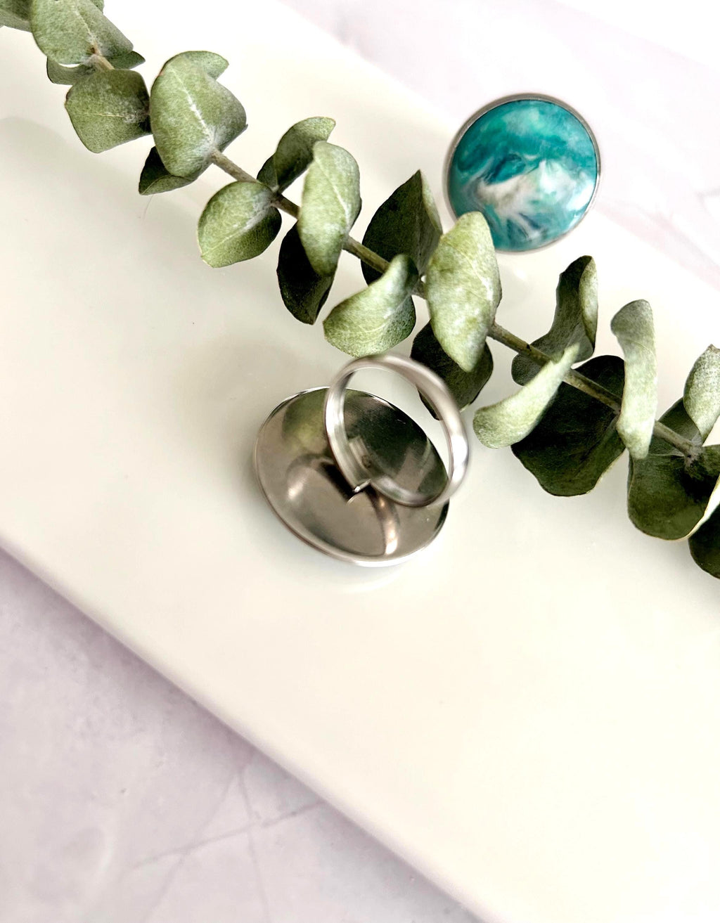 Green Faux Malachite Stone Polymer Clay Ring, Stainless Steel Adjustable Band, Handmade Jewelry