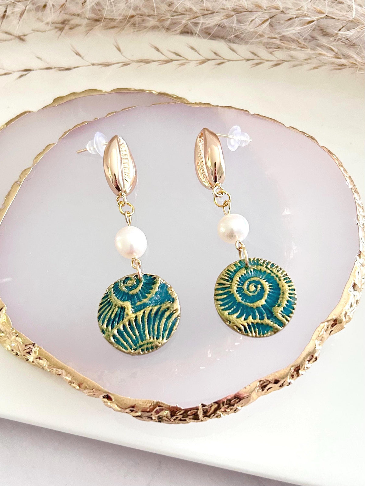 Seashell Cowrie Pearl Earrings, Coastal Vacation Faux Ammonite Drop Dangles, Handmade Clay Jewelry