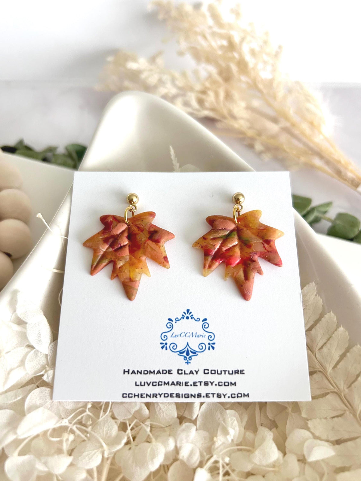 Maple Leaf Dangle Earrings, Clay Stud Dangles, Handmade Multicolor Fall Jewelry