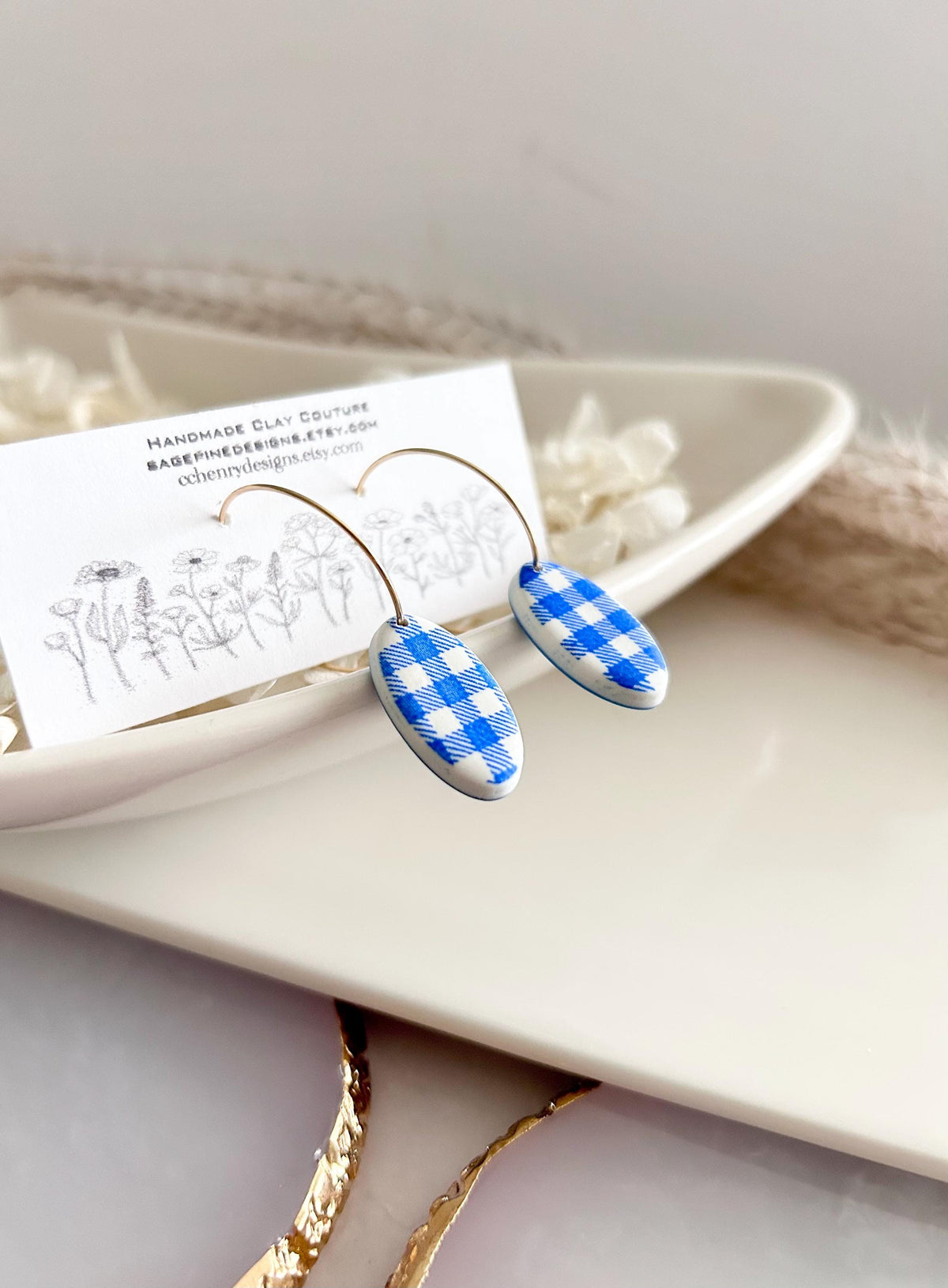 Blue and White Plaid Earrings, Handmade Clay Gingham Dangles, Dainty Summer Jewelry Gift