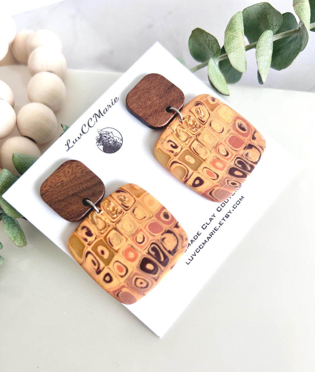Boho Clay and Wood Stud Earrings: Mustard Yellow Retro Square Dangles