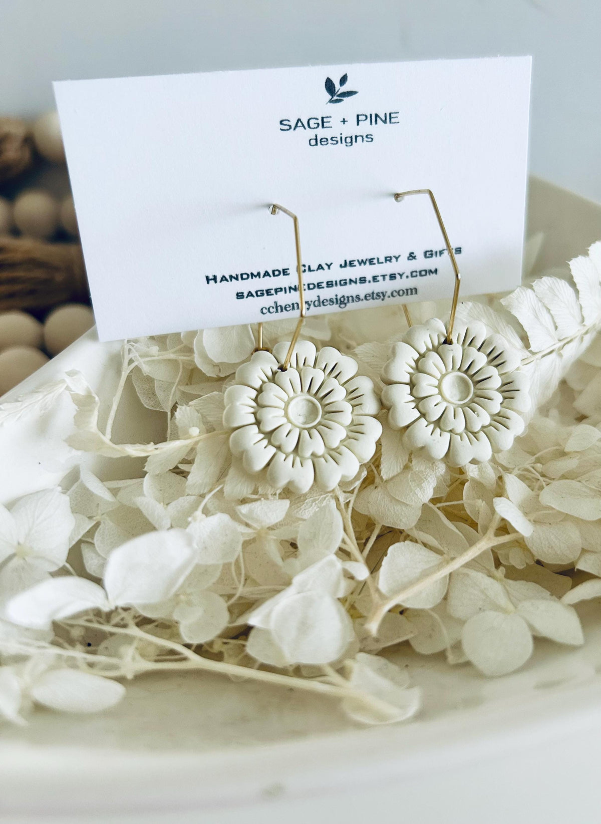 Blush Pink Flower Earrings, Floral Clay Hoop Dangles, Handmade Jewelry Gift for Mothers Day