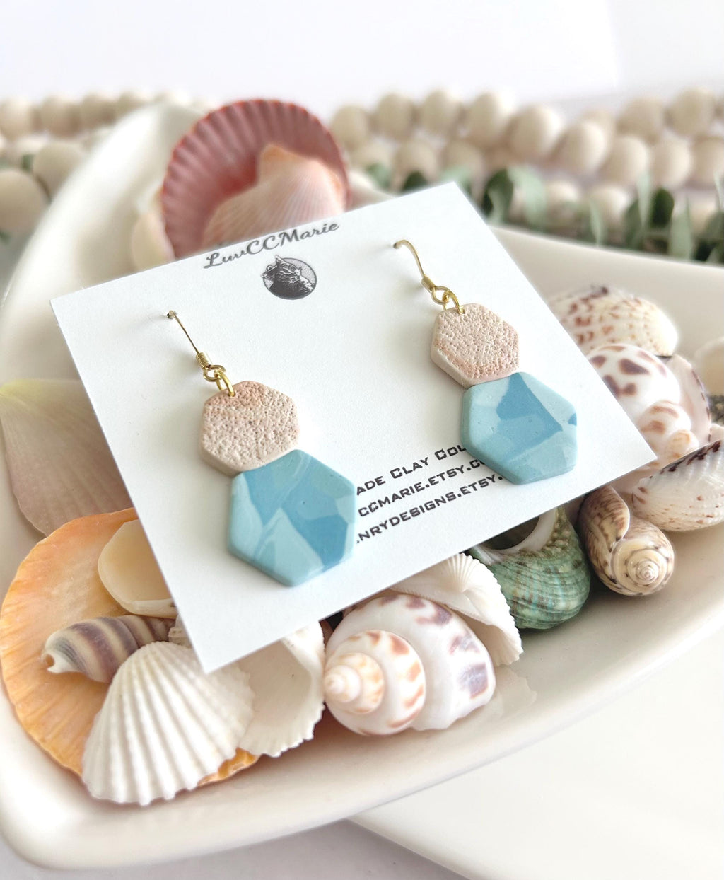 Blue Terrazzo Clay Dangle Earrings, Summer Dangles, Beachy Beige Coastal Vacation Handmade Jewelry
