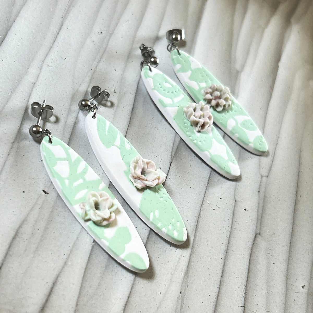 Mint Green Succulent Clay Earrings: Boho Surfboard Dangles