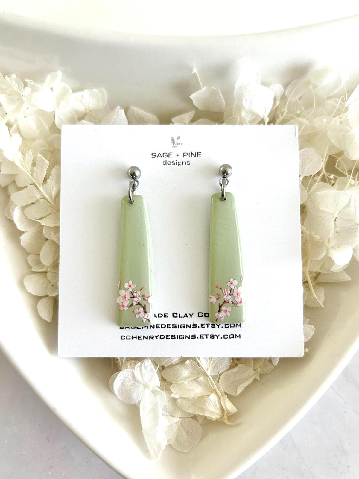 Sage Green Cherry Blossom Handmade Clay Dangle Earrings, Drop Dangles, Lightweight Jewelry