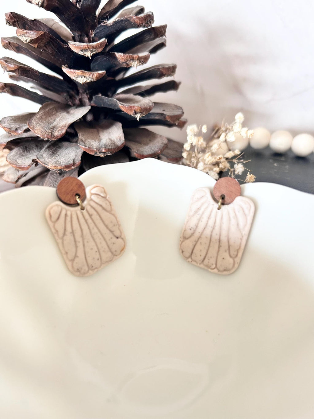 Creamy Clay Wood Dangle Earrings, Matisse Square Neutral Drops, Handmade Boho Jewelry Gift