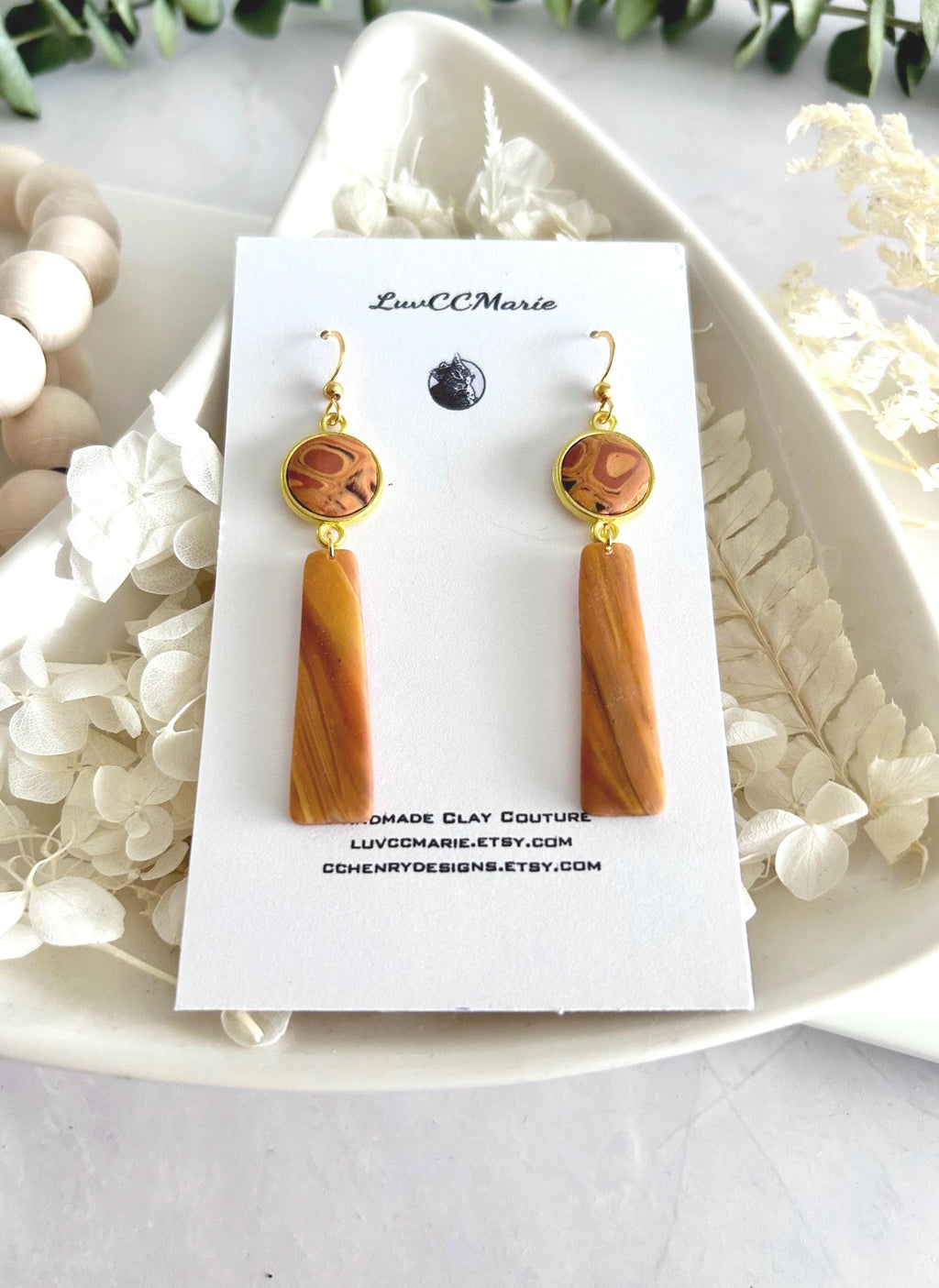 Mustard Yellow Clay Earrings, Abstract Bar Dangles, Long Drop Mid-century Modern Handmade Boho Jewelry