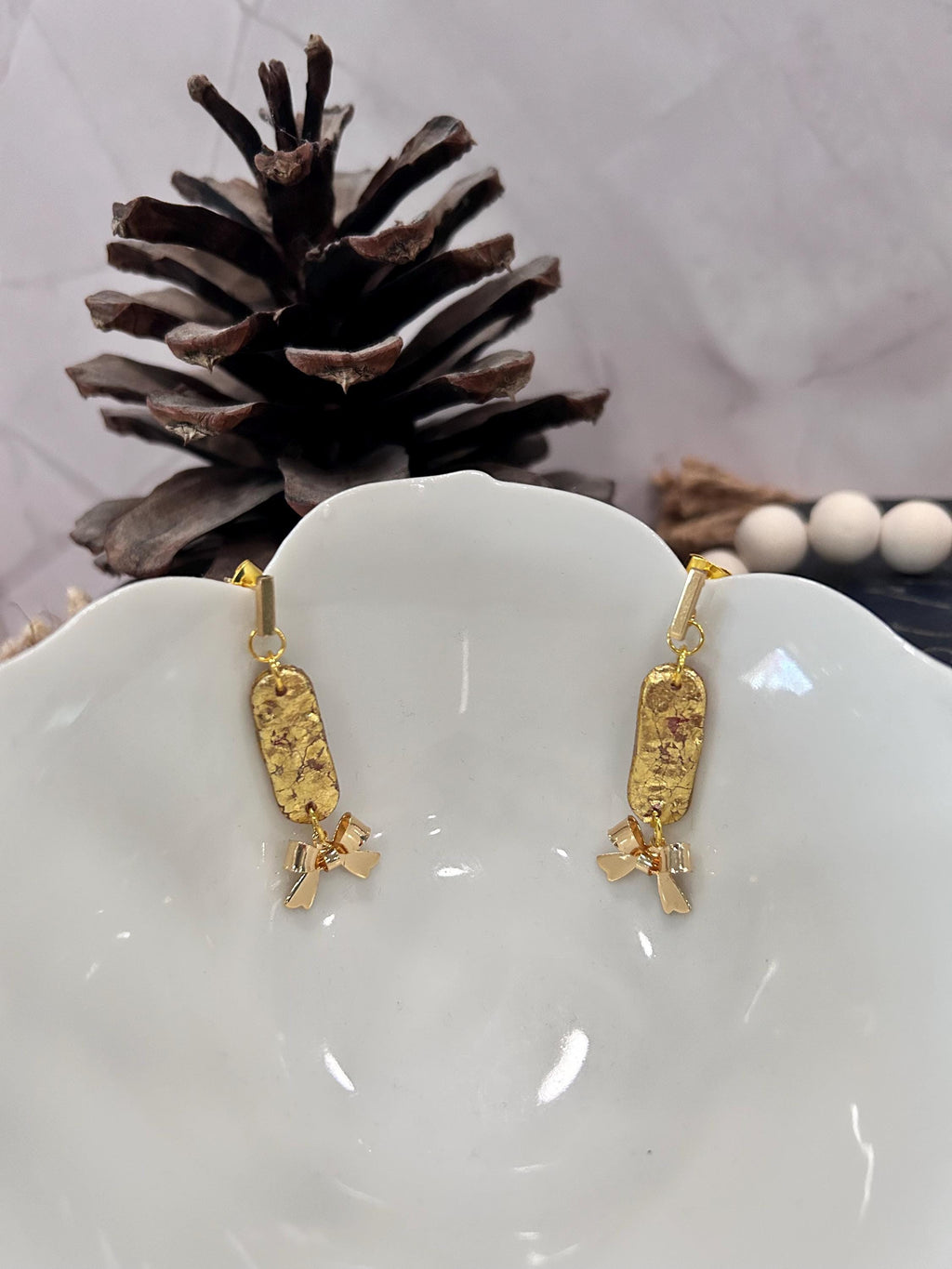 Hammered Gold Clay Bow Earrings, Stainless Steel Bar Drop Dangles, Handmade Jewelry