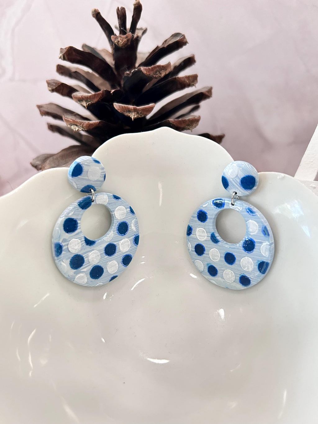 Navy Blue Polka Dot Hoop Dangles, Gingham Earrings, Retro Clay Handmade Fashion Jewelry Gift